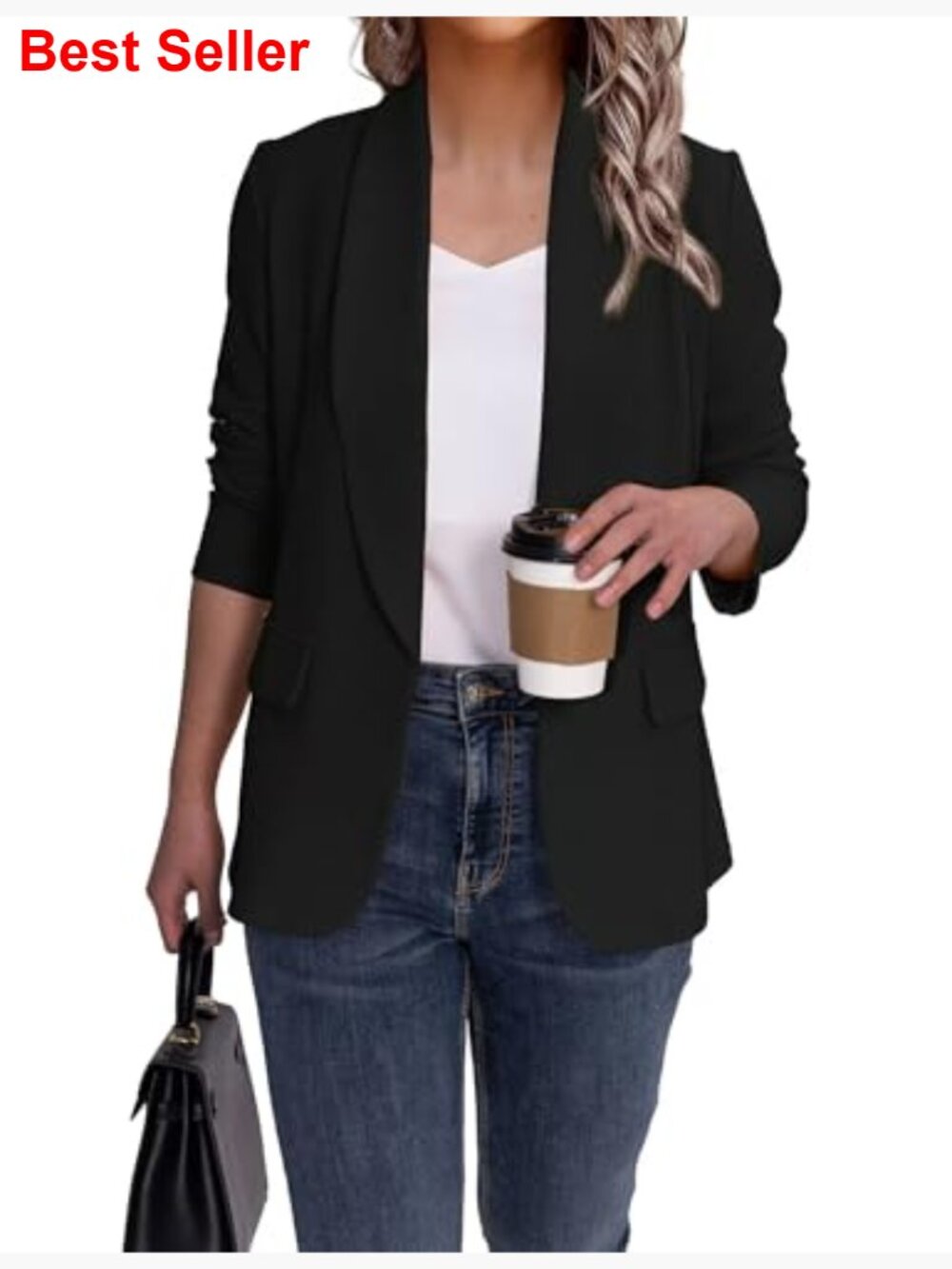 Slim Fit Blazer with Lapel Collar, Open Front, Polyester Elastane Blend - Picture 4 of 7